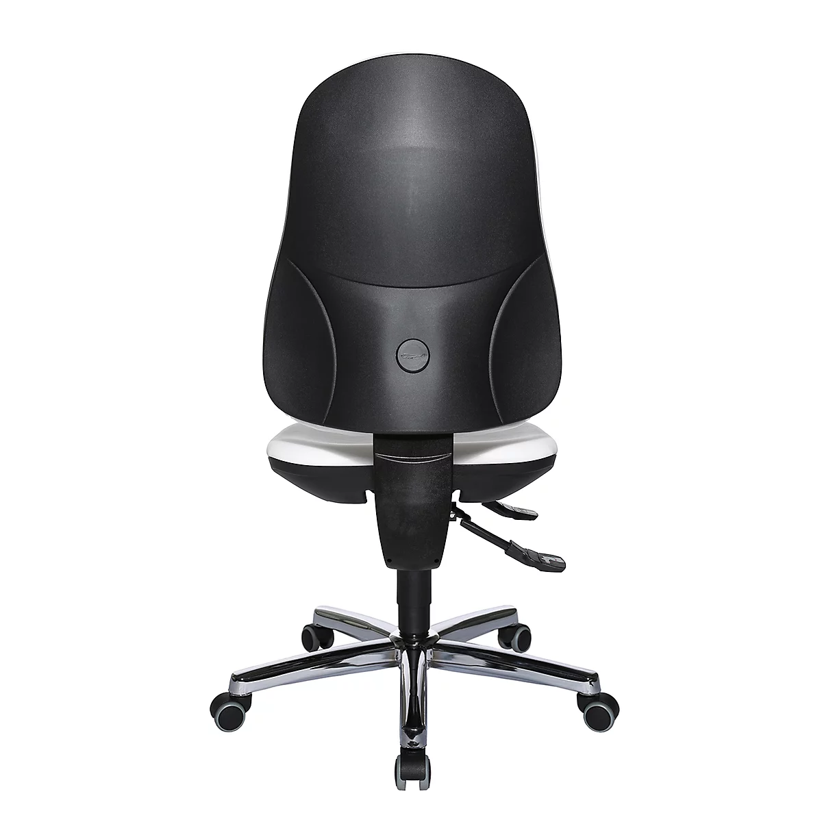 Back view of an ergonomic office chair in black and white, on a wheeled base.