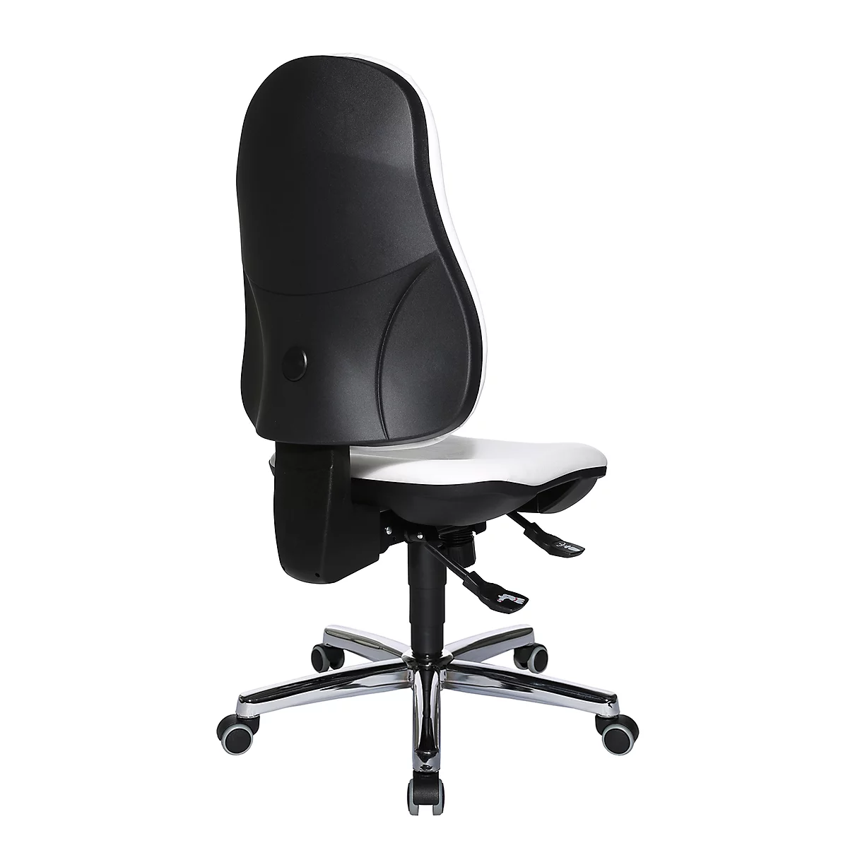 Office chair with white and black seat and backrest, chrome base and wheels, against a white background.