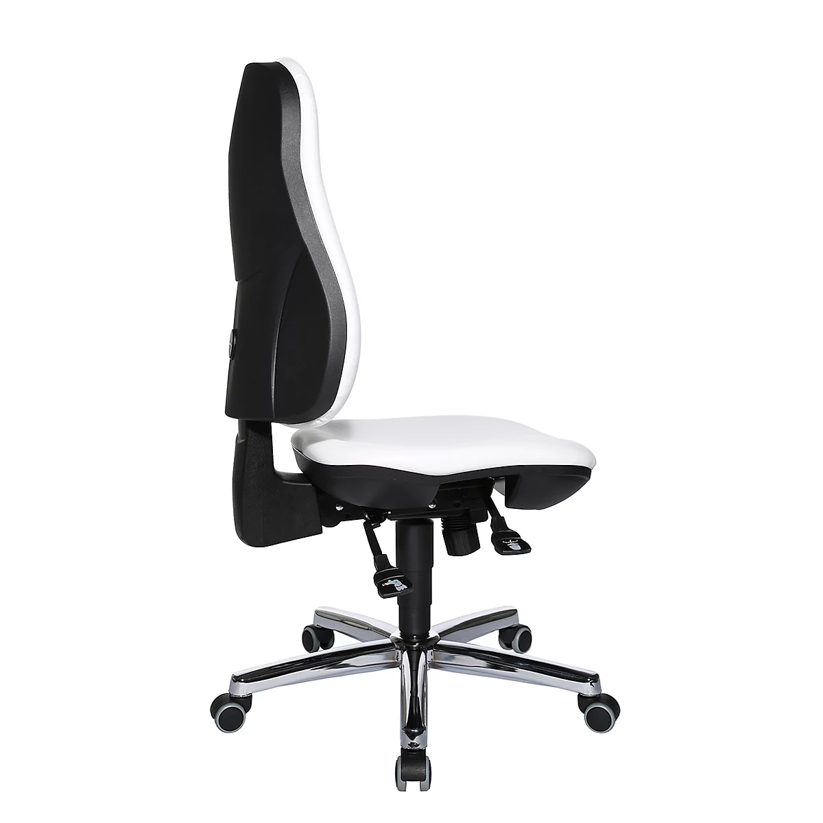 Office chair with white seat and backrest, black and white. On castors, adjustable.
