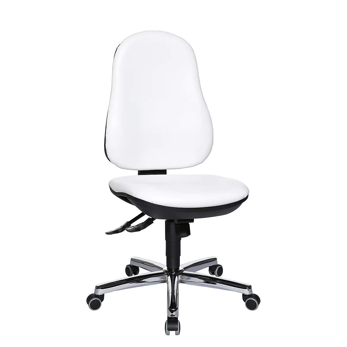 White office chair with high back and rollers. Black seat, silver frame.