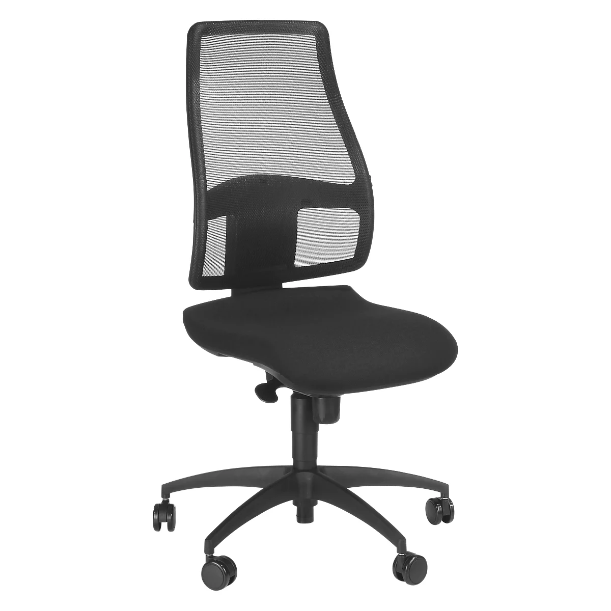 Black office chair with mesh back, castors and height adjustment.