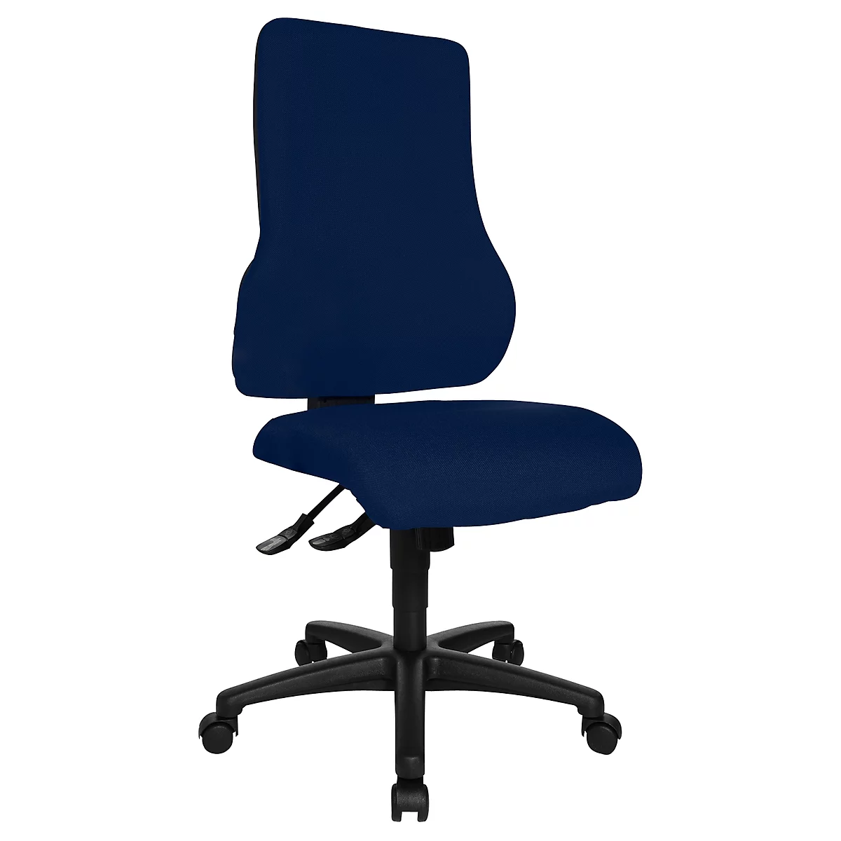 Dark blue office chair, side view. High back, seat, black frame with wheels.