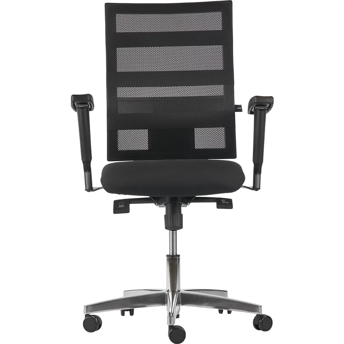 Black office chair with mesh back, armrests and silver elements. The chair stands on a wheeled base.