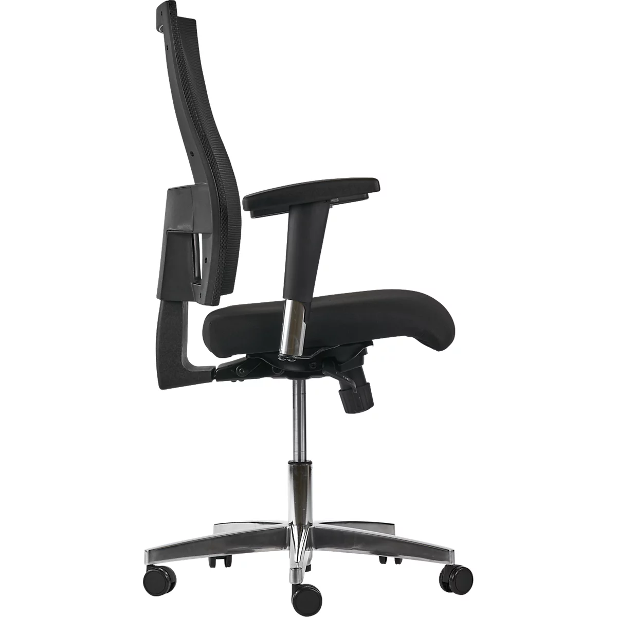 Black office chair, side view, on casters, armrests, backrest with mesh.