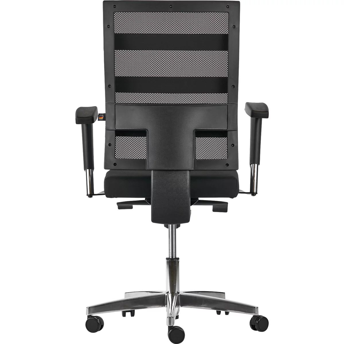 Back view of a chair with a mesh back, armrests, and wheels.