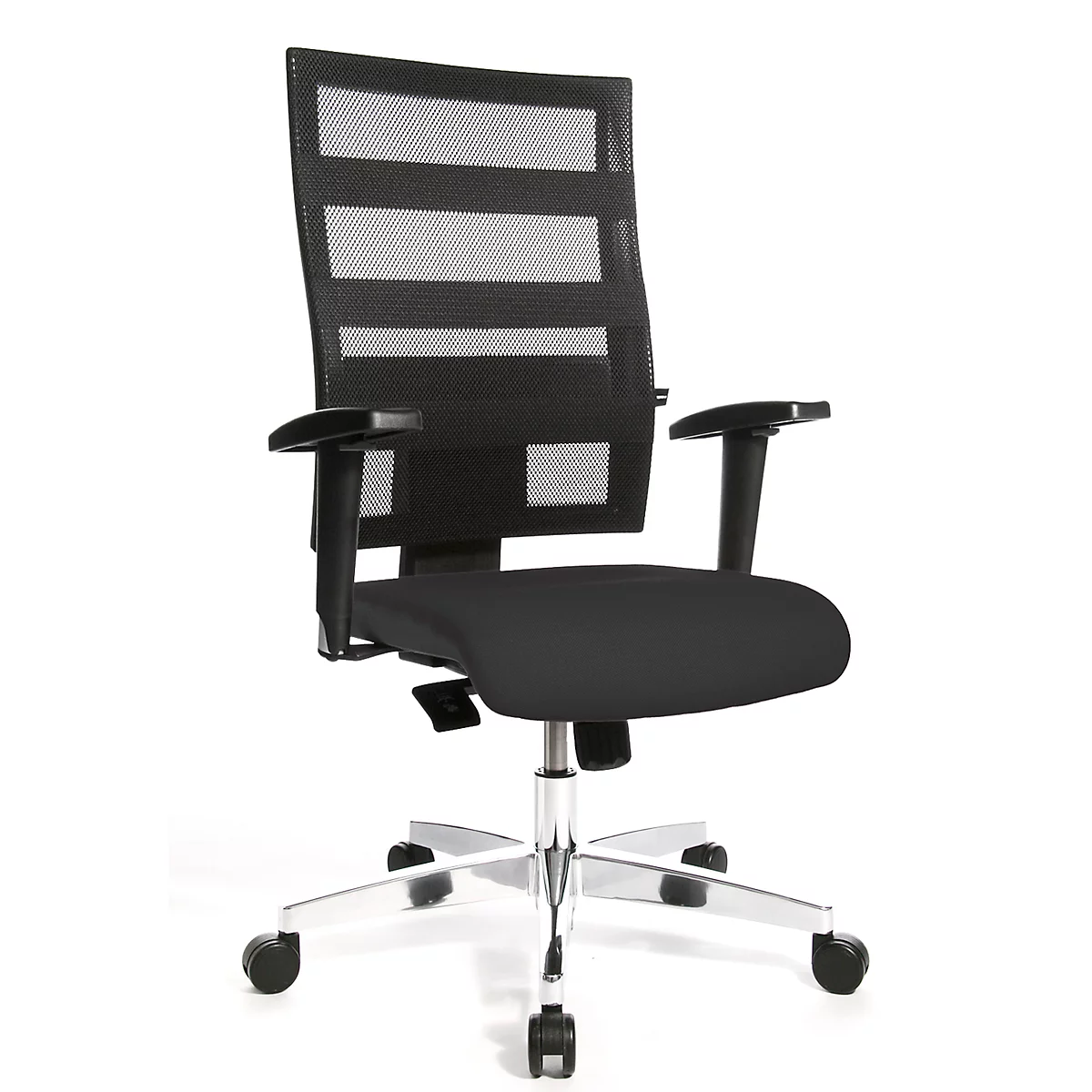 Black office chair on a white background. The chair has mesh back and a black seat, armrests.