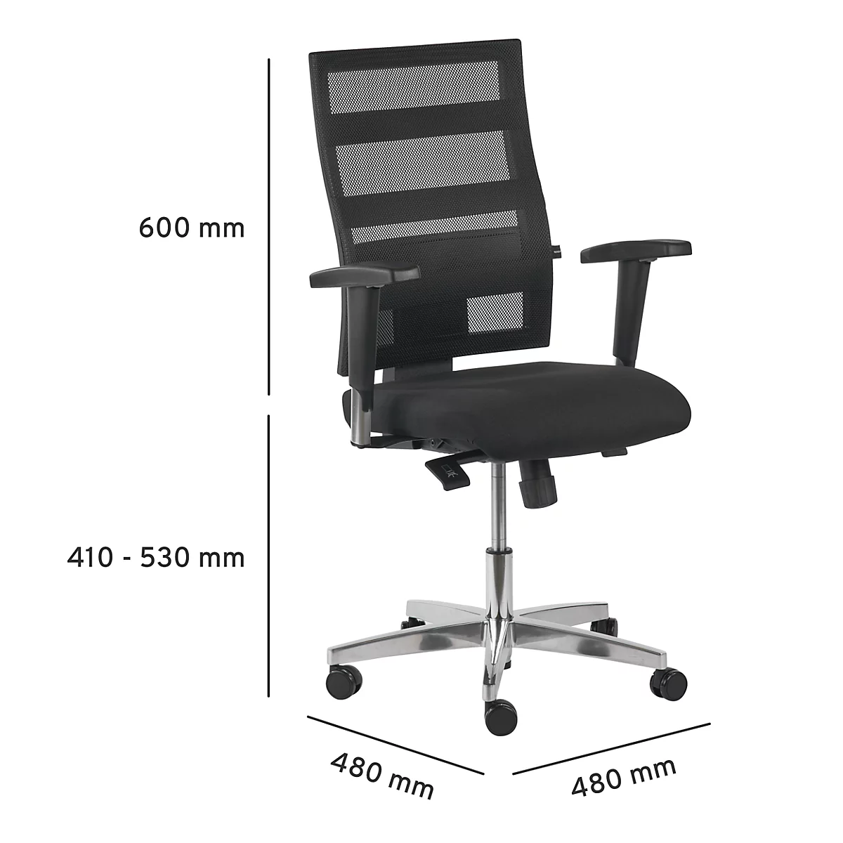 Black office chair with mesh back, armrests, wheels and dimensions.