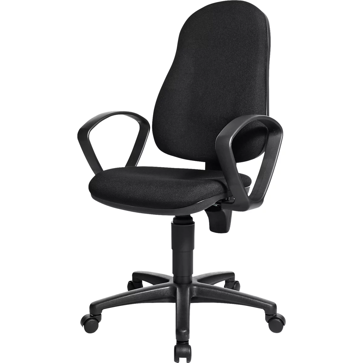 Black office chair with high back and armrests on casters.