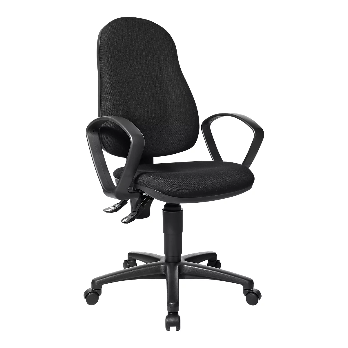 Black office chair with high back and armrests. On a black base with castors.
