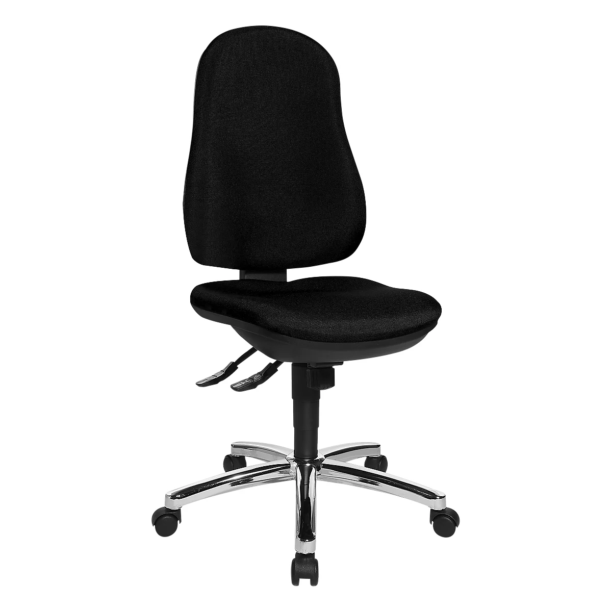 Black office chair with backrest, seat, and castors. Chrome frame, two levers under the seat.