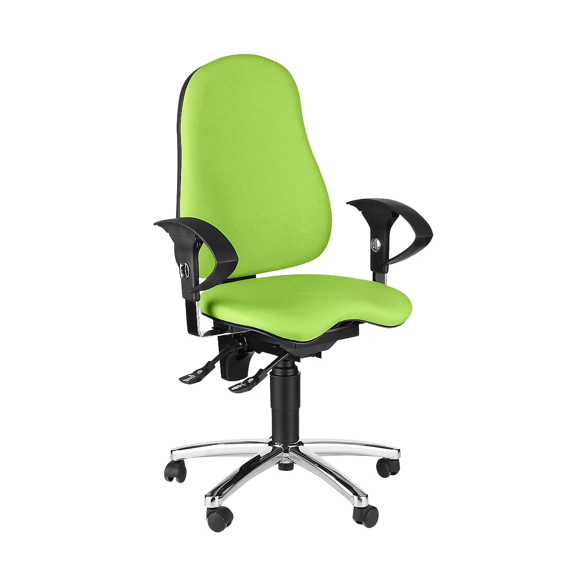 Green office chair with black armrests, chrome base and rollers. The chair is ergonomically shaped.