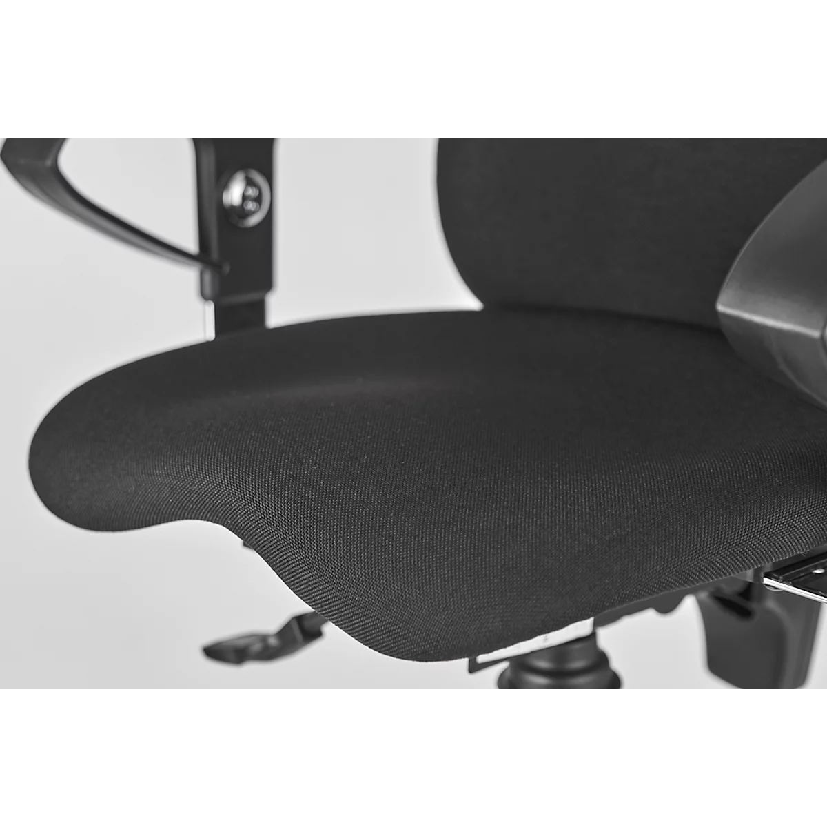 Close-up of a black office chair. The seat is padded and has an ergonomic shape.