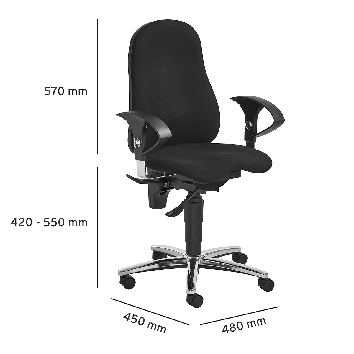 Black office chair against white background, with dimensions. Backrest height: 570 mm. Seat height: 420-550 mm. Width: 450/480 mm.