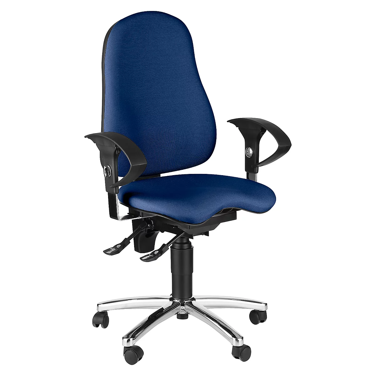 Blue office chair with black armrests and silver base.