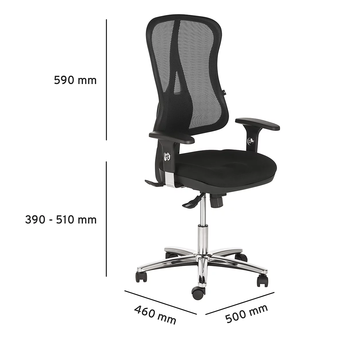 Chaise de bureau noire avec dossier en maille et accoudoirs réglables. Les dimensions sont indiquées.