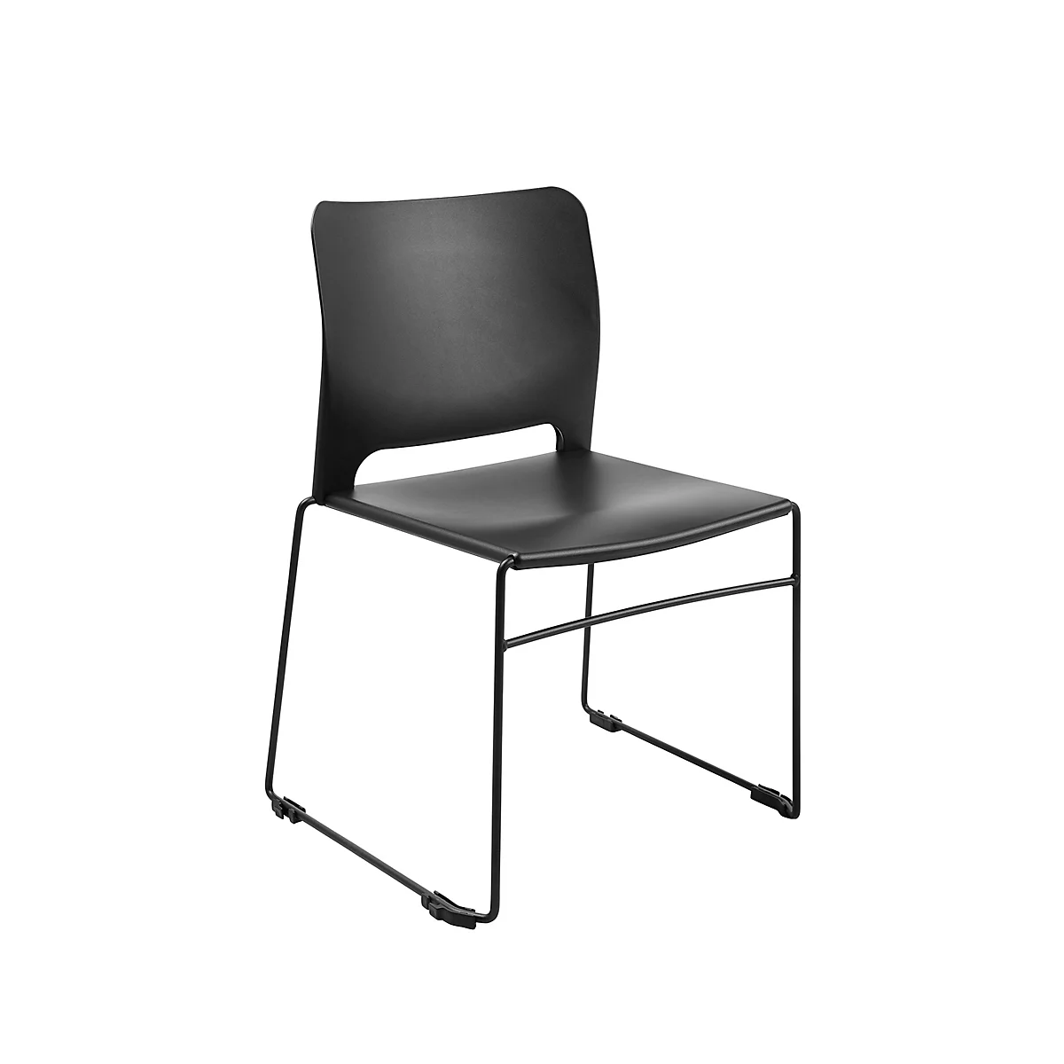 Chaise noire avec dossier et structure métallique, sur fond blanc.