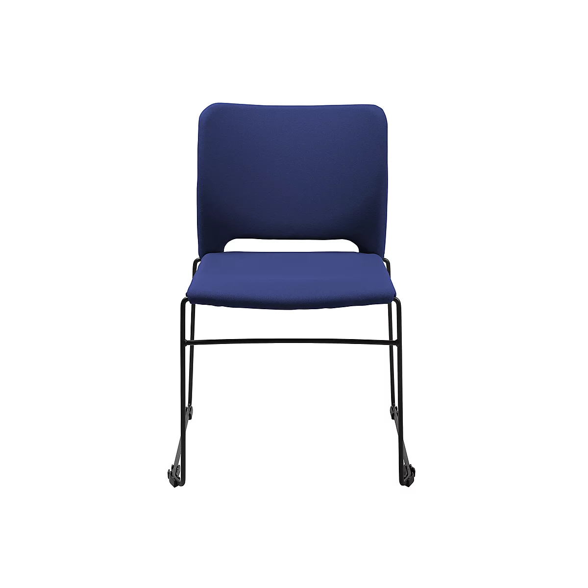 Chaise bleue avec cadre noir et roues, sur fond blanc.