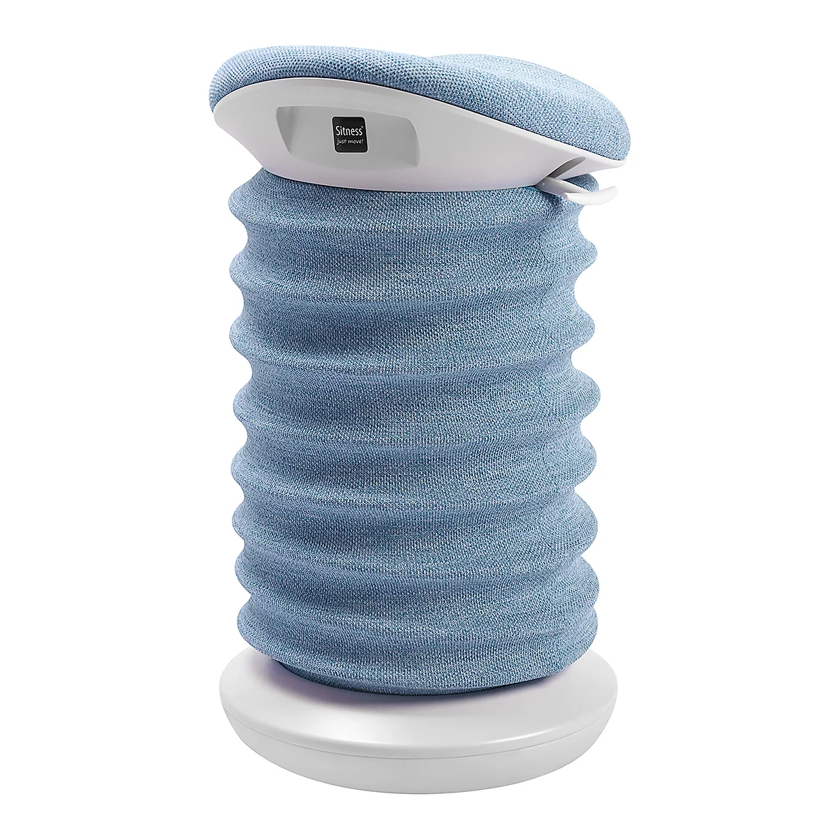 Blauwe, geribbelde kruk met witte basis en zitting. Er is een USB-poort op de zitting.