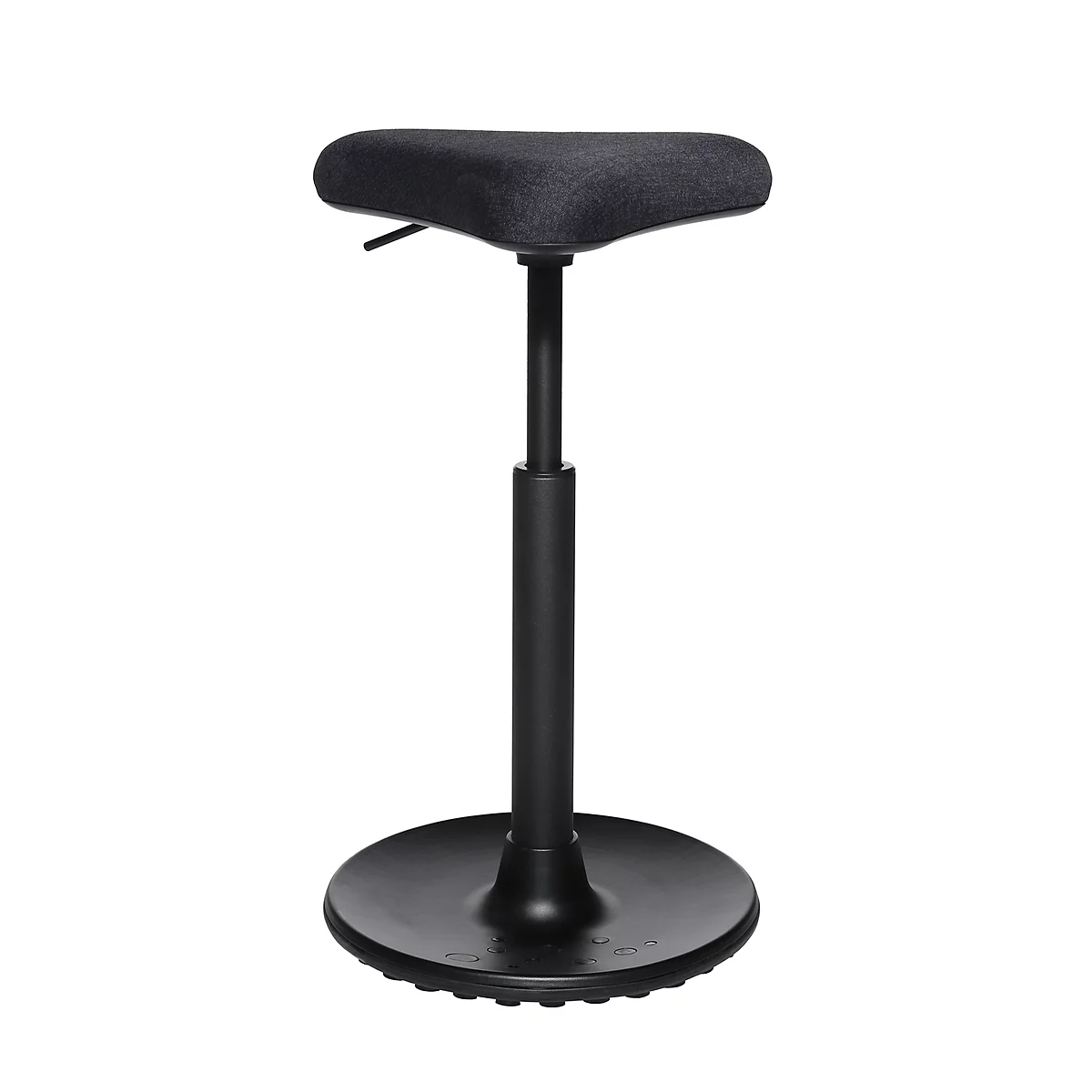 Black standing stool with saddle seat, adjustable height. Metal frame on a round foot.