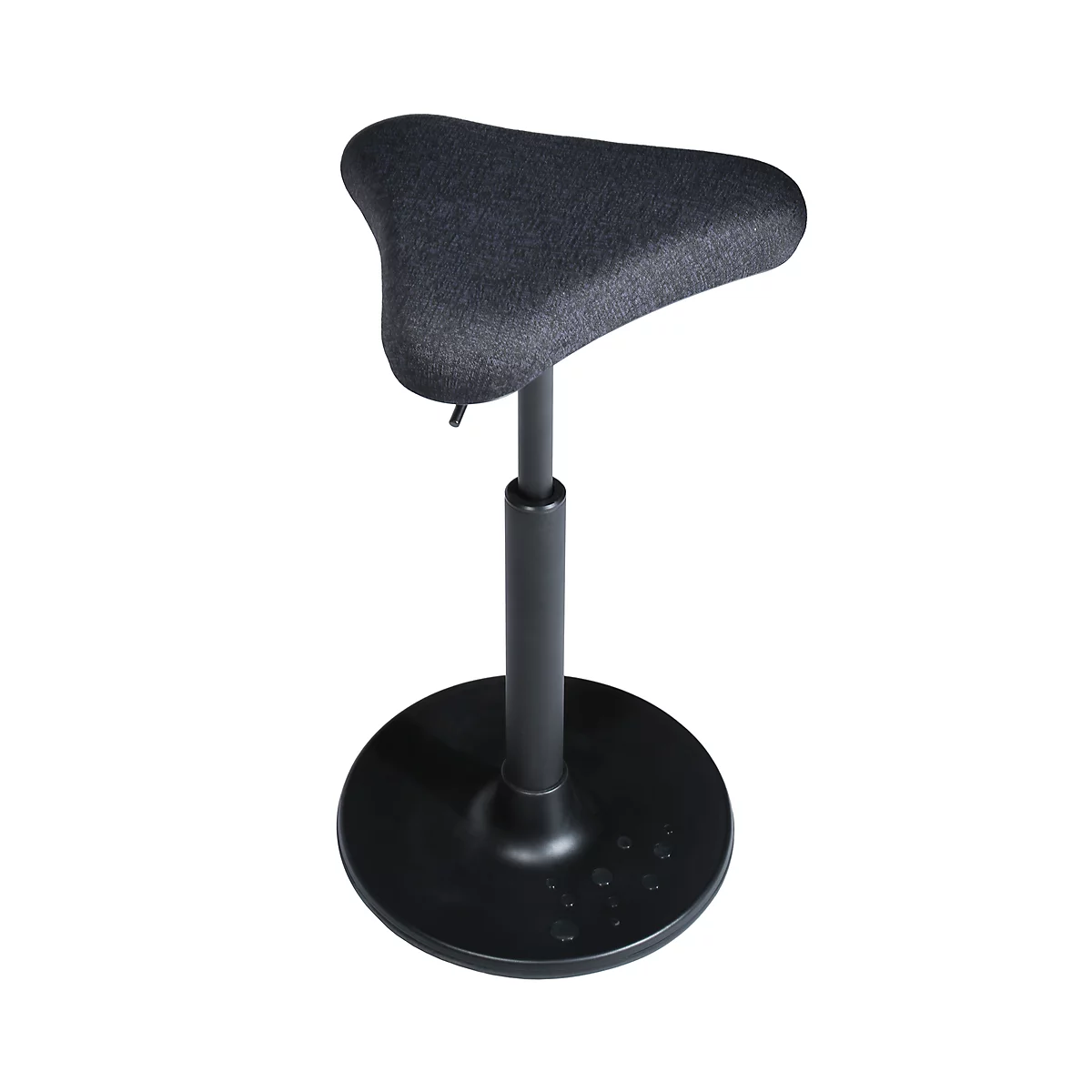 A three-legged standing stool with a black, height-adjustable frame and a padded, gray seat. The stool is on a white background.