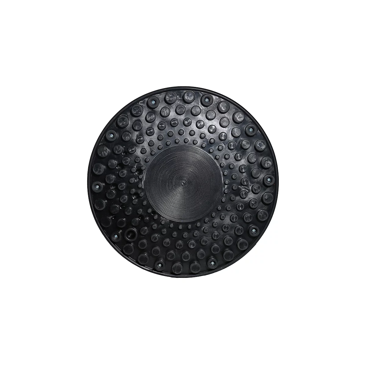 Black, round balance board with studs, a recessed round area in the center.