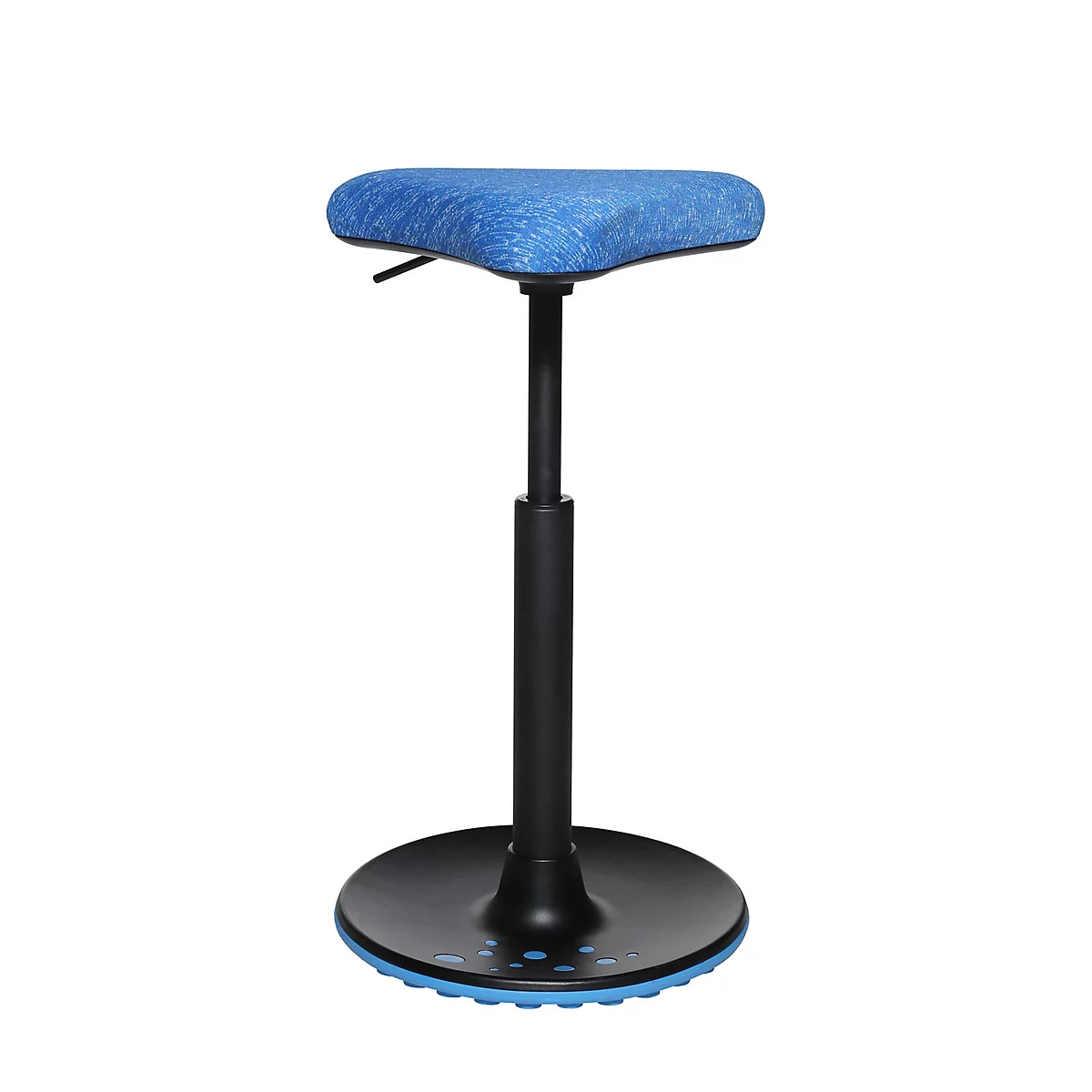 Standing stool with blue fabric seat, black column and wide foot. The stool is height adjustable.