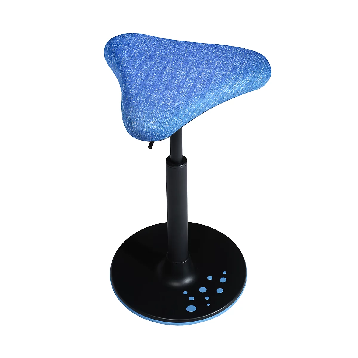 Blue ergonomic standing stool with a triangular seat and black frame. Blue dots are on the black base.
