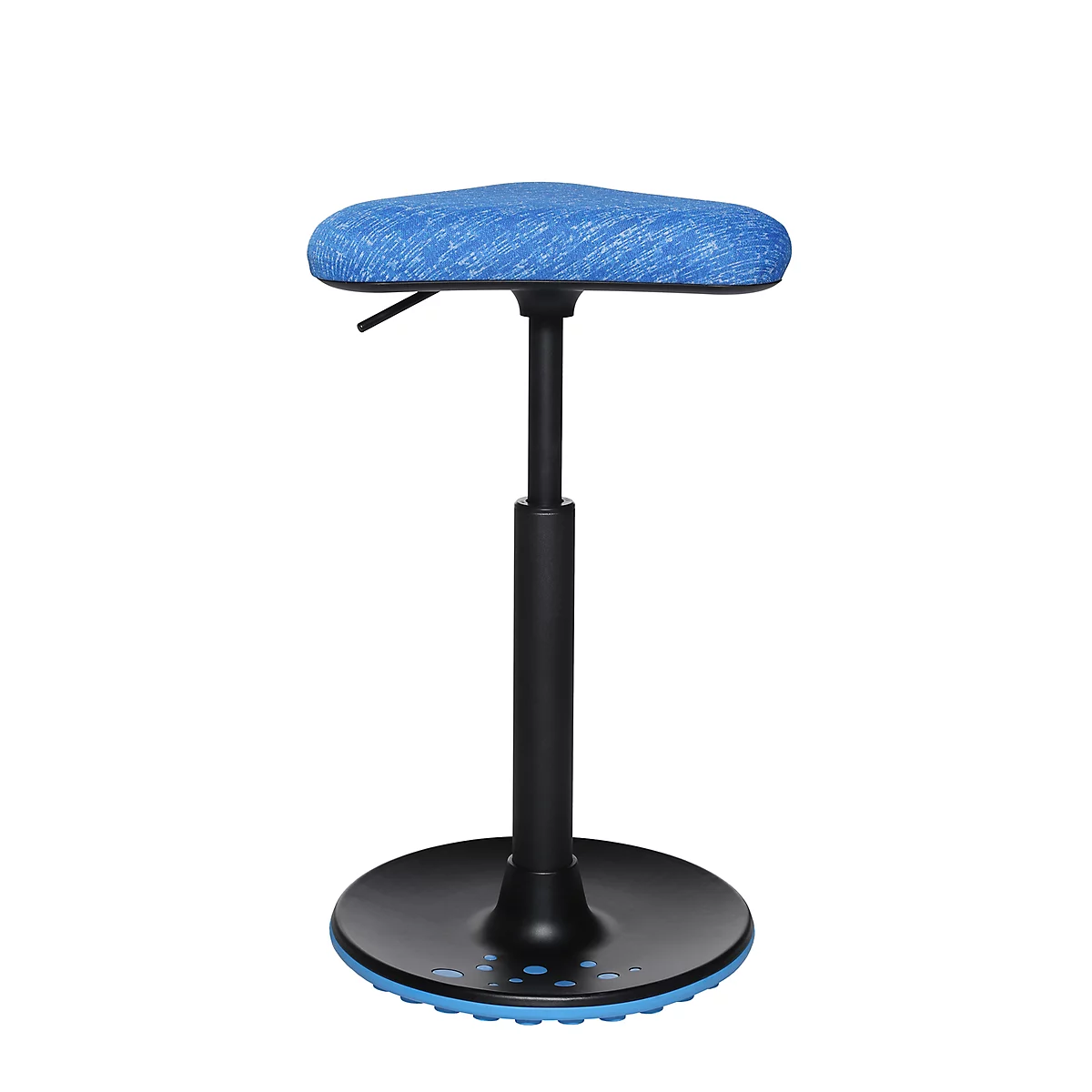 Stool with blue seat and black frame, isolated on white background.