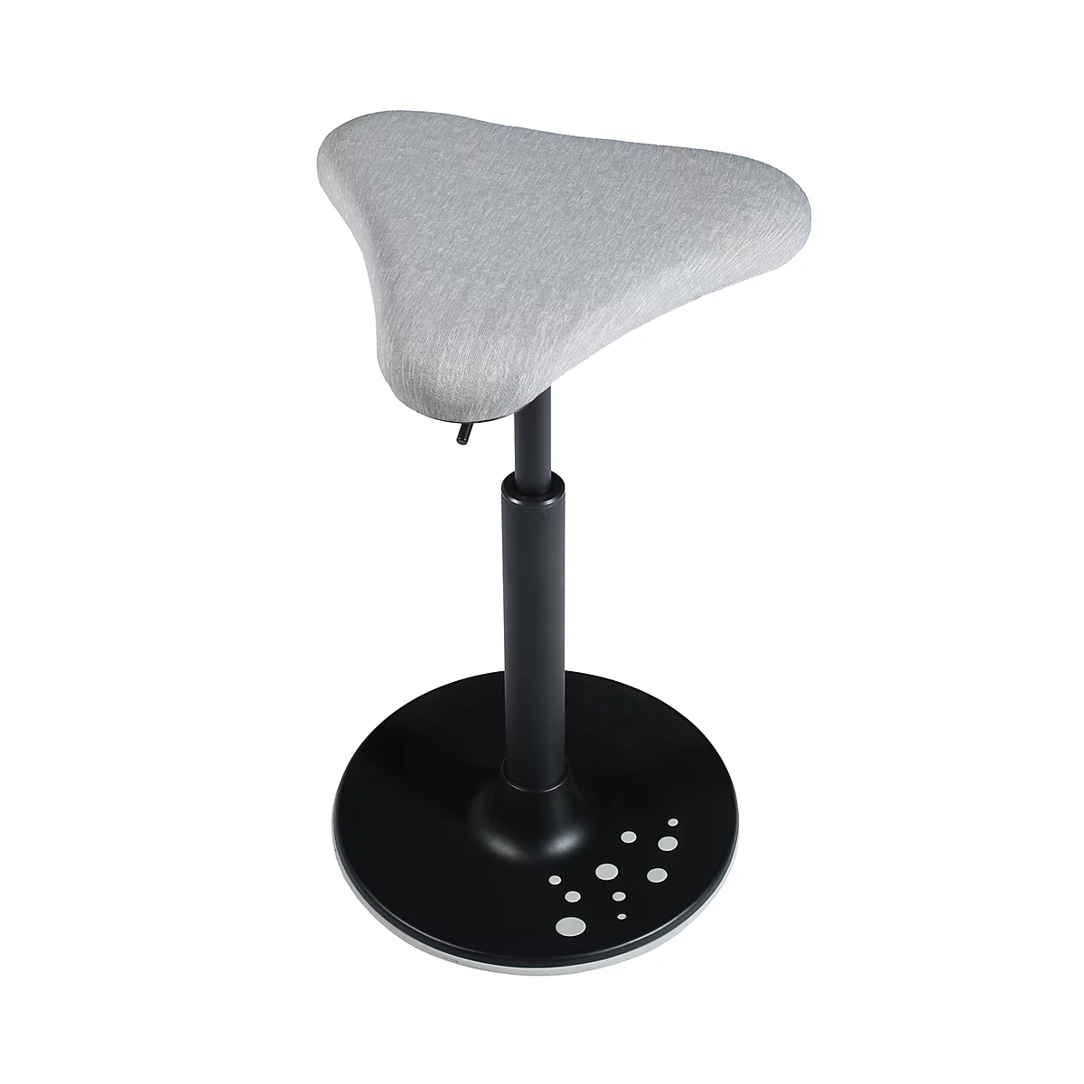 Three-legged, height-adjustable standing stool with gray, triangular seat and black frame.