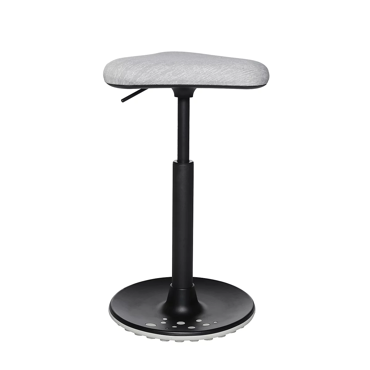 Standing aid with gray, triangular seat. Black, height-adjustable column and round, black foot.