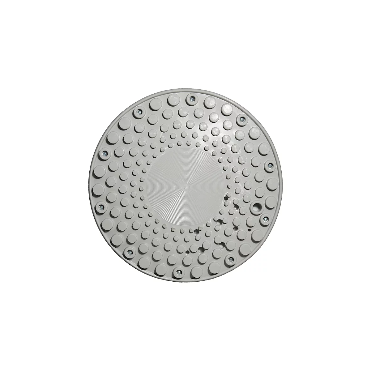 Gray, round anti-slip mat with a studded pattern. A circular area in the middle is smooth.