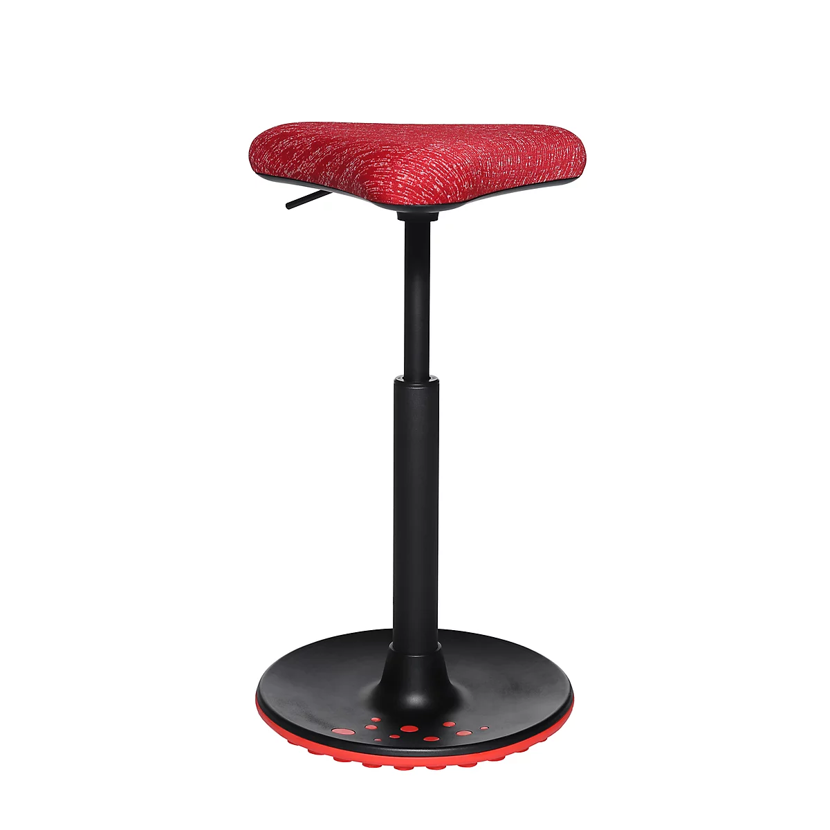 Three-legged standing stool with red seat and black frame, against a white background.