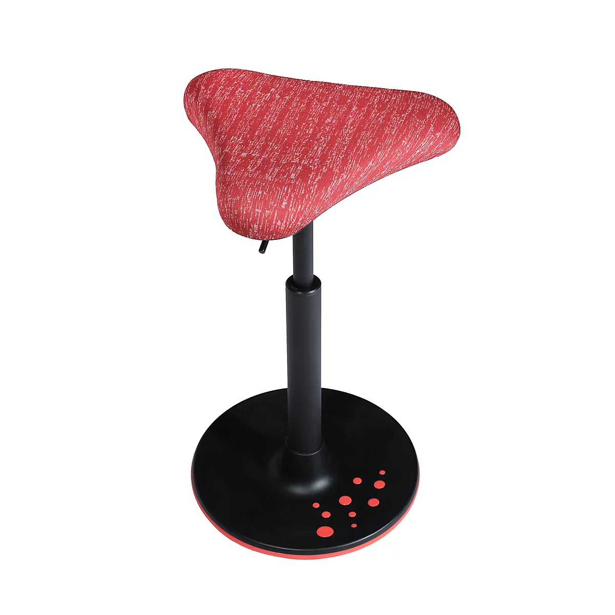 Three-legged standing stool in red and black. The seat is triangular and padded, the stem and base are black.