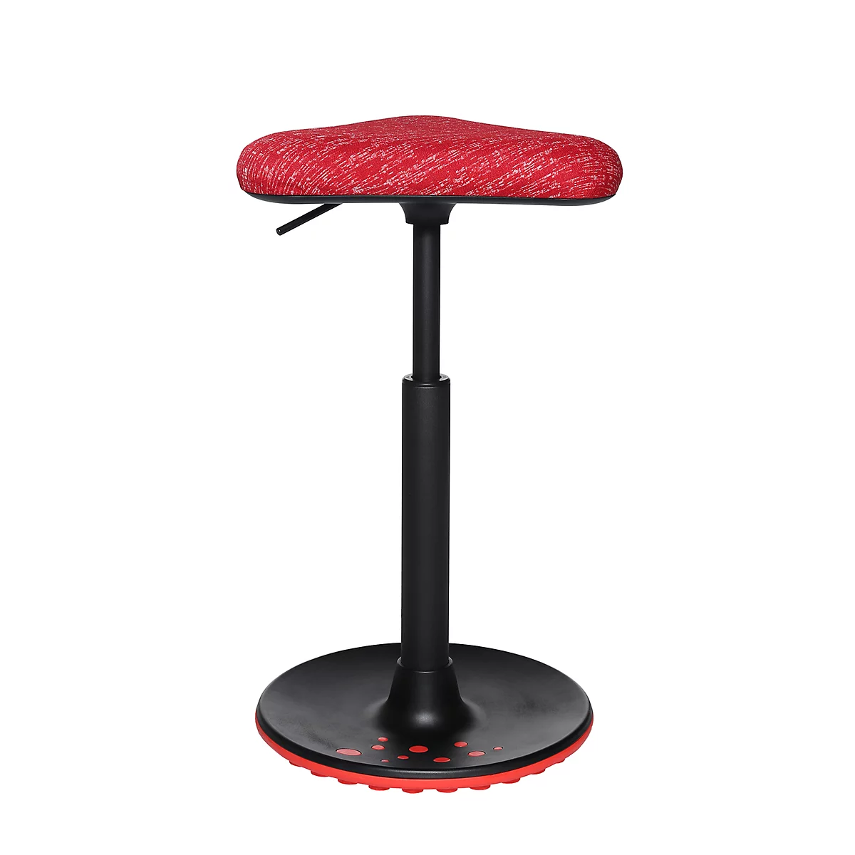Standing stool with red, textured seat and black frame. The stool is height-adjustable.