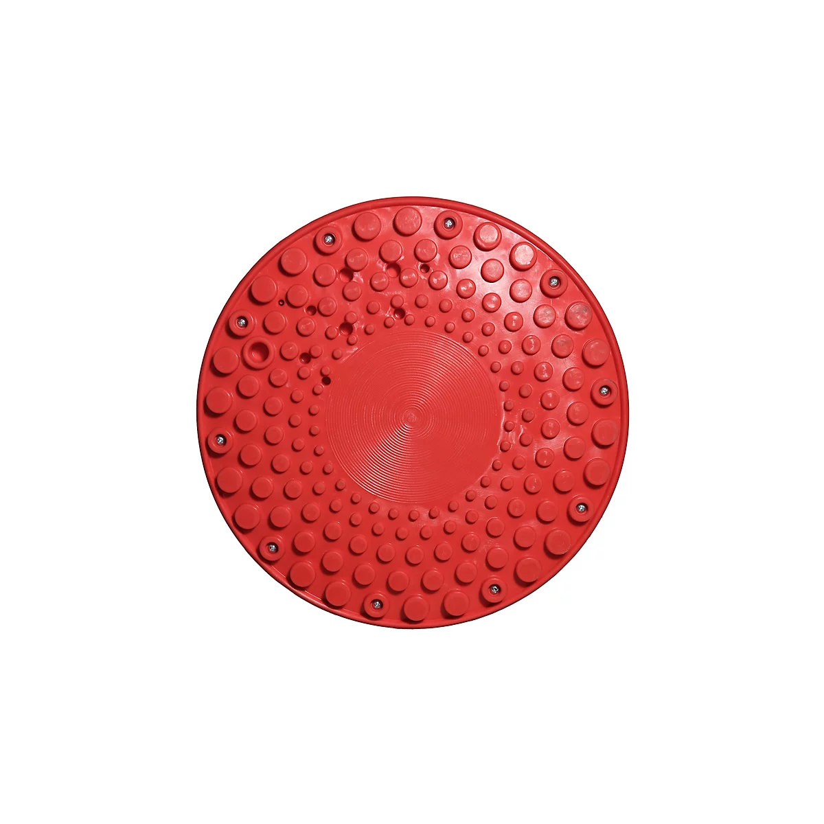 Red, round swivel disc with studs and metal balls on a white background.