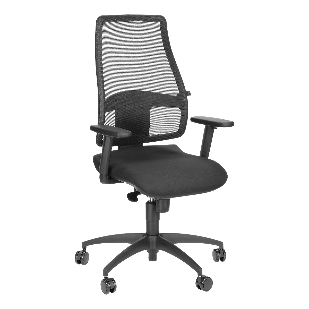 Black office chair with mesh back, armrests, and casters.