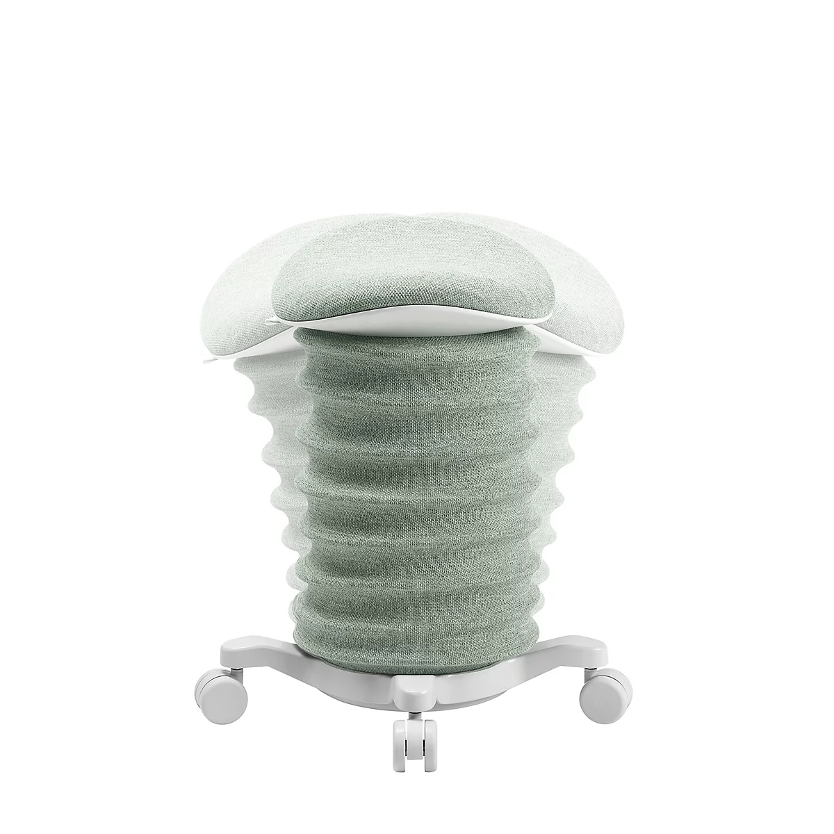 Tabouret de bureau vert devant un fond blanc, en légère rotation.