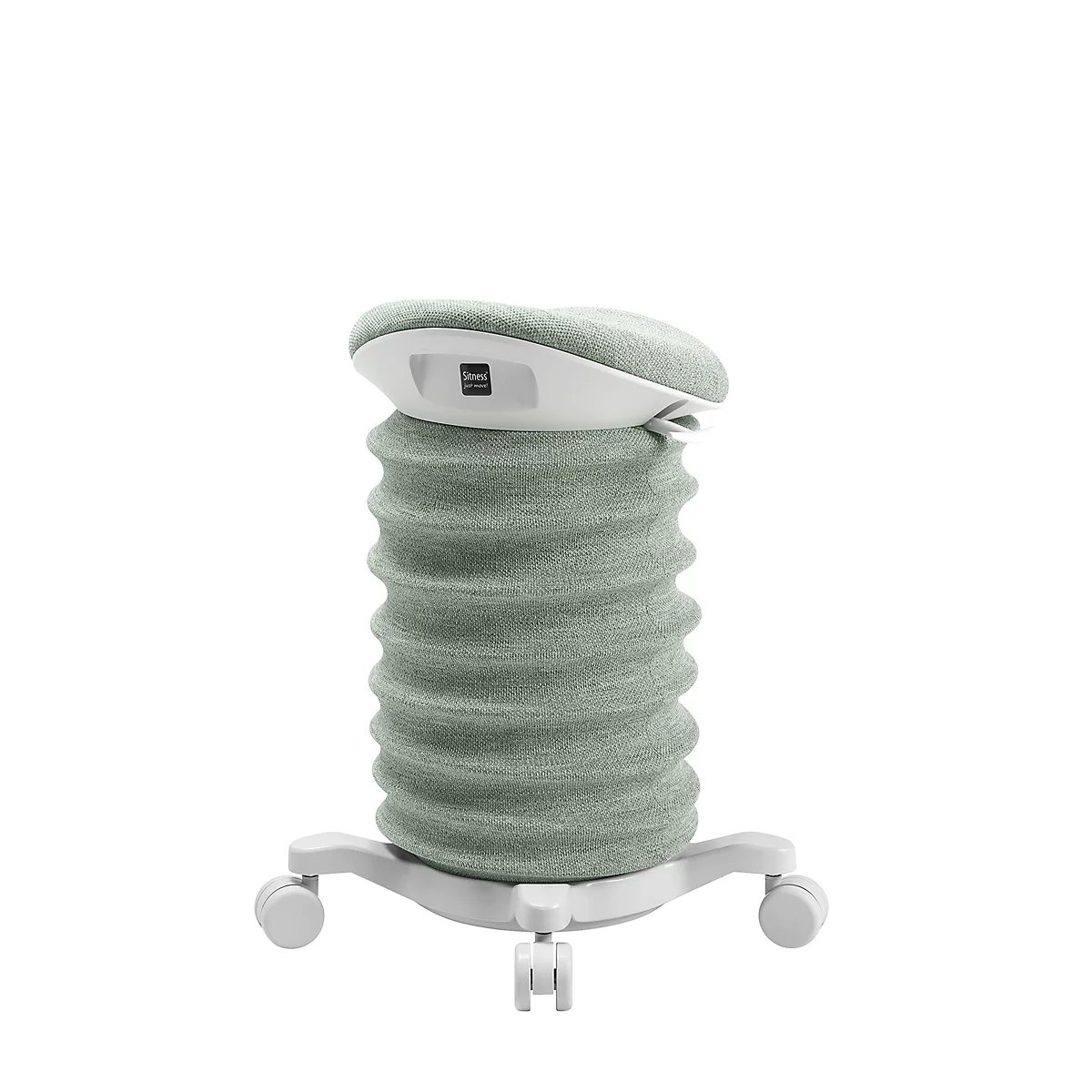 Chaise de bureau confortable avec une assise verte et une colonne en forme de vague, reposant sur un cadre blanc à roulettes.