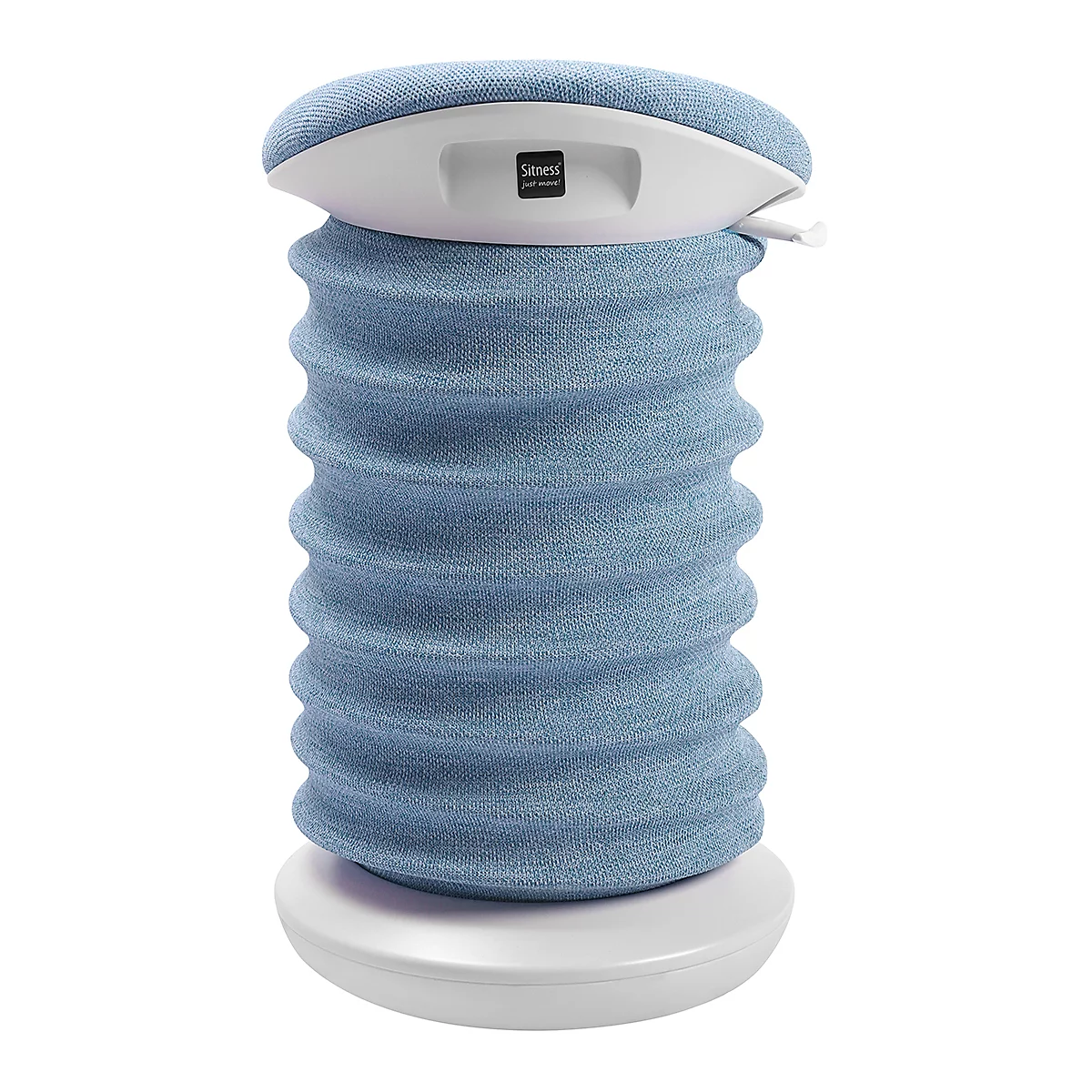 Coussin cylindrique bleu clair sur une base blanche, surmonté d'un coussin bleu clair.