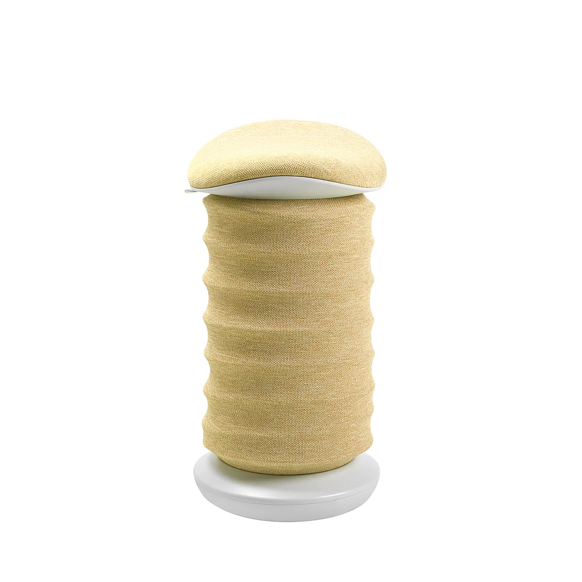 Un Baumkuchen sur fond blanc. Le gâteau est beige et cylindrique avec un couvercle rond. En dessous une assiette blanche.