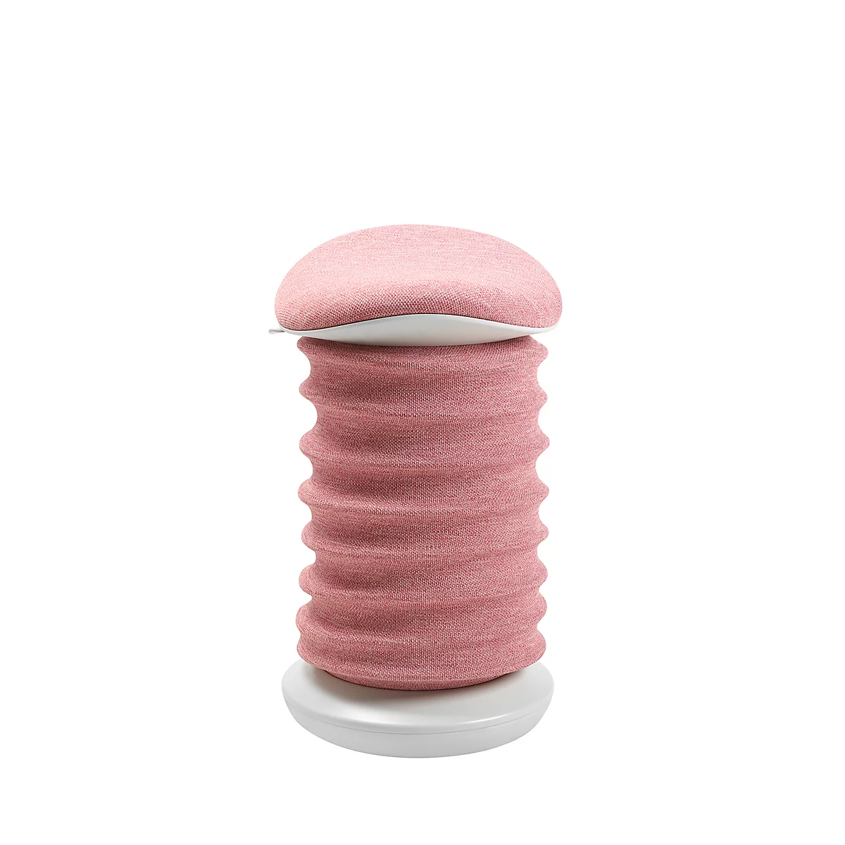 Rouleau de massage rose avec un design ondulé et un couvercle plat et arrondi. Sur fond blanc.