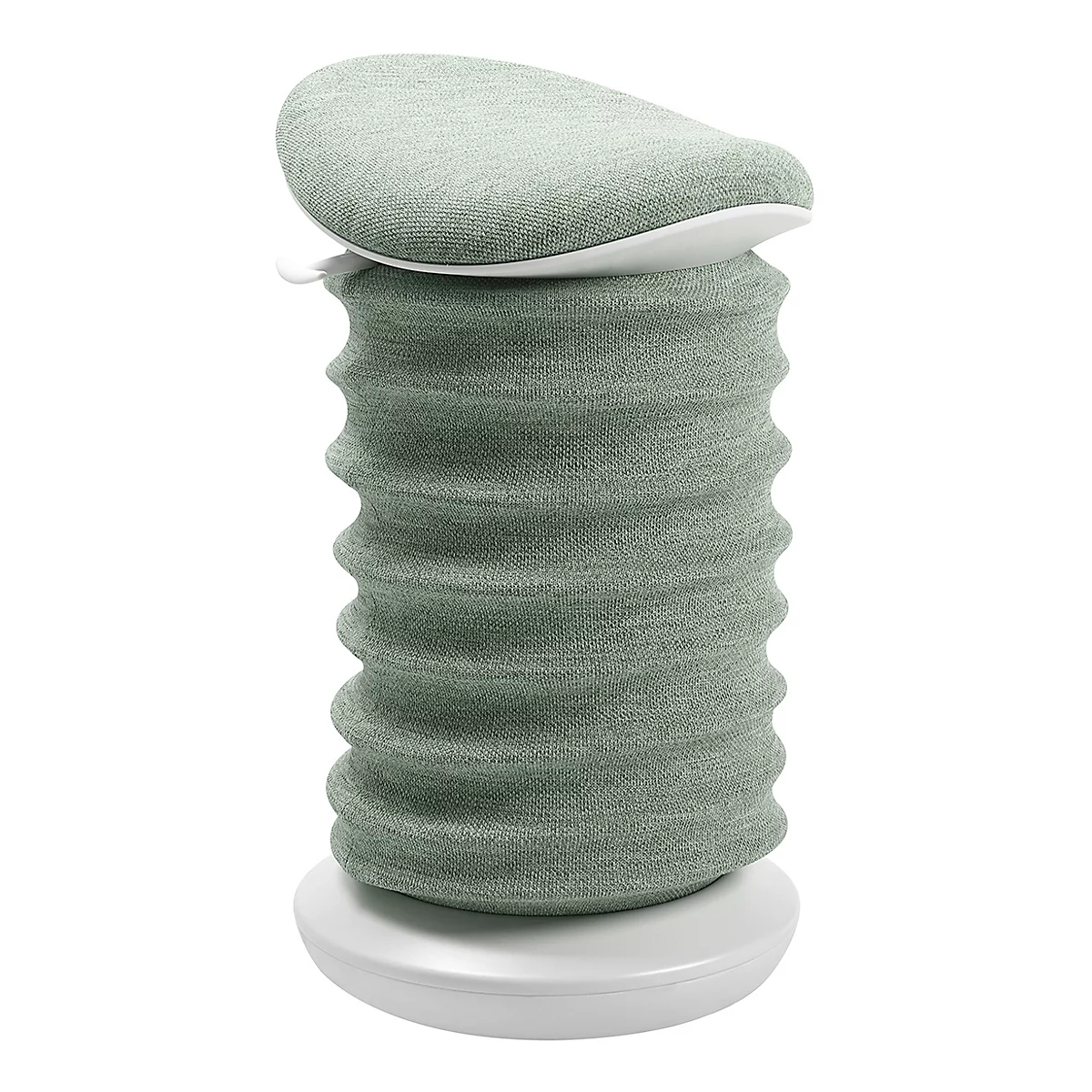 Un objet en forme de tabouret dans des tons de vert et de blanc. Le tabouret a une assise ronde, un corps nervuré et une base ronde.