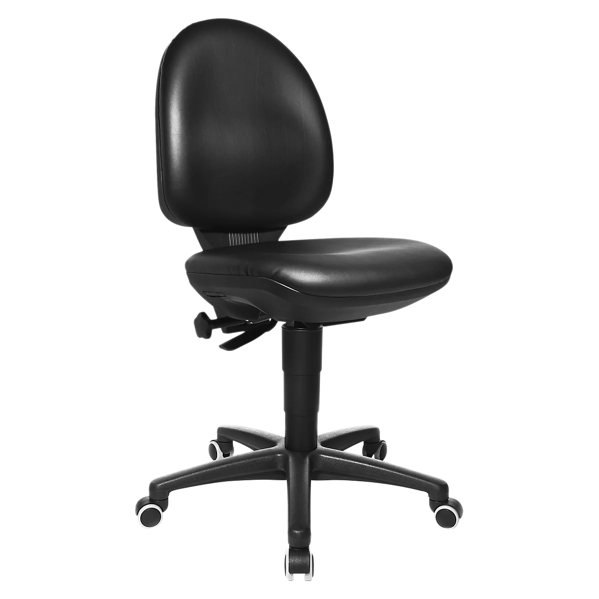 Black office chair with backrest and seat. It has castors and is height-adjustable.