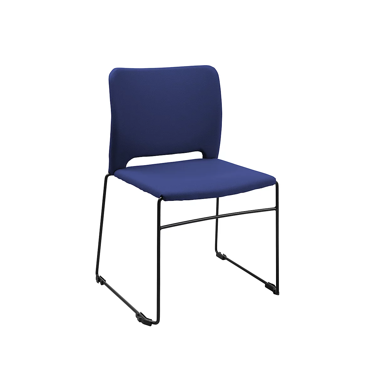 Blauwe stoel met zwart metalen frame. Gevoerde zitting en rugleuning.