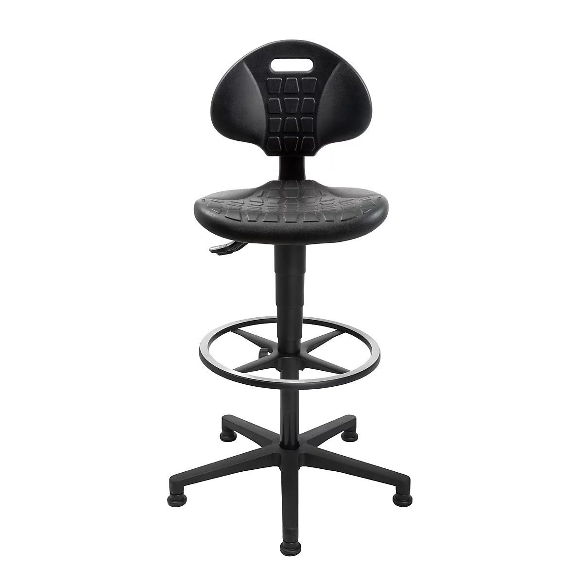 Zwarte industriële werkkruk met gestructureerde zitting en rugleuning op een stervoet met vijf poten.