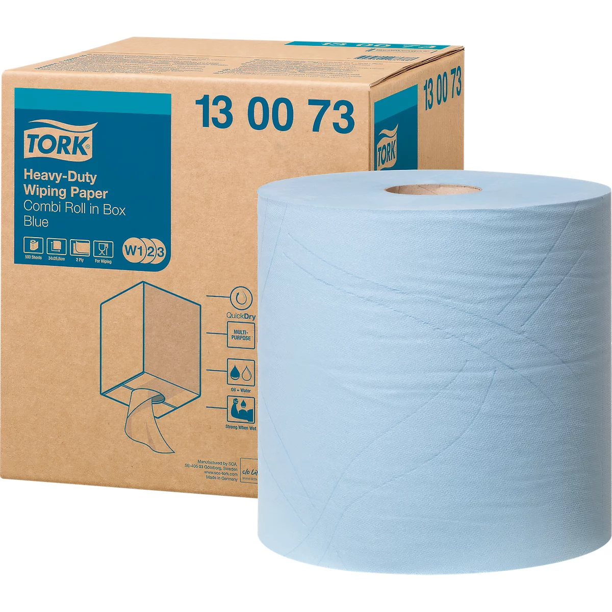 Tork Heavy-Duty Wischtuchrolle in blauem Papier vor einem braunen Kartonspender.