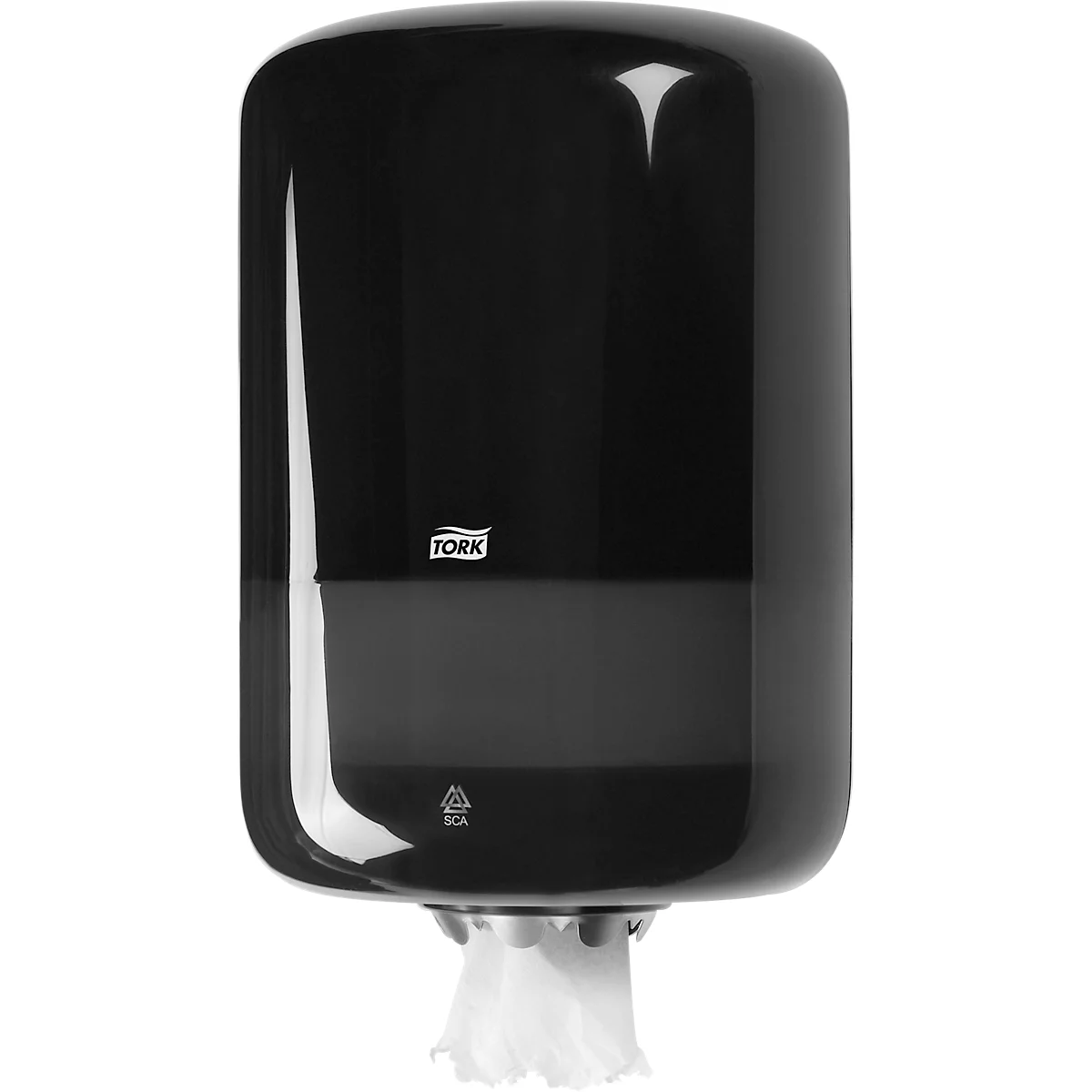 Zwarte Tork papieren handdoekdispenser met handdoeken. Het Tork-logo is zichtbaar.