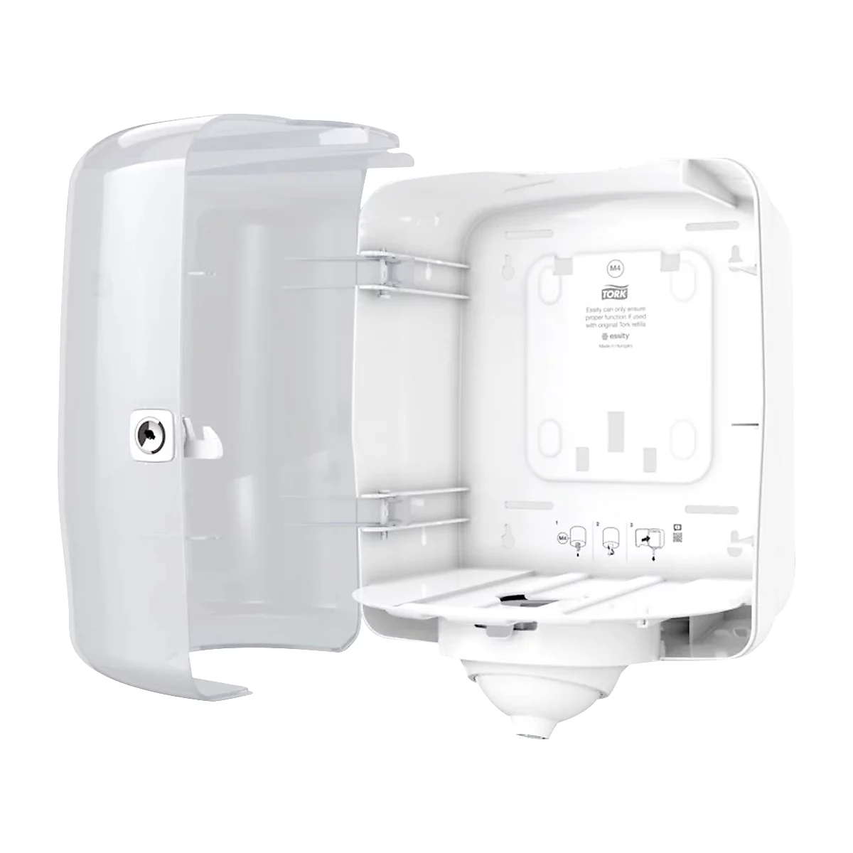 Distributeur d'essuie-mains Tork blanc avec porte ouverte. L'intérieur montre les supports et l'intérieur du distributeur.