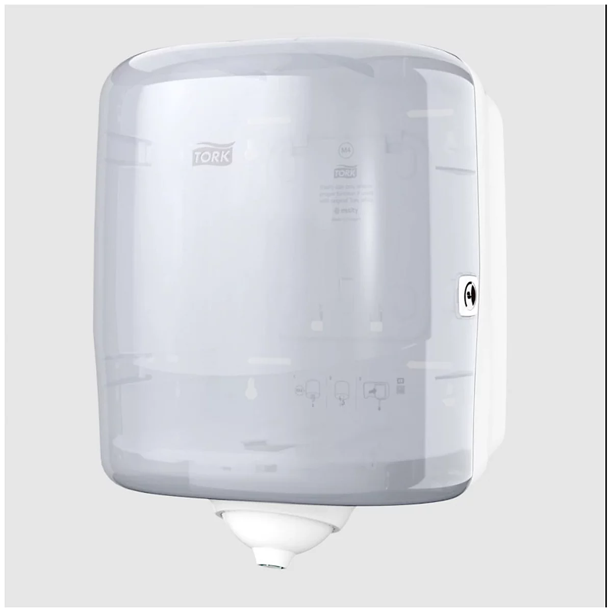 Un distributeur d'essuie-mains blanc et gris avec l'inscription "Tork".