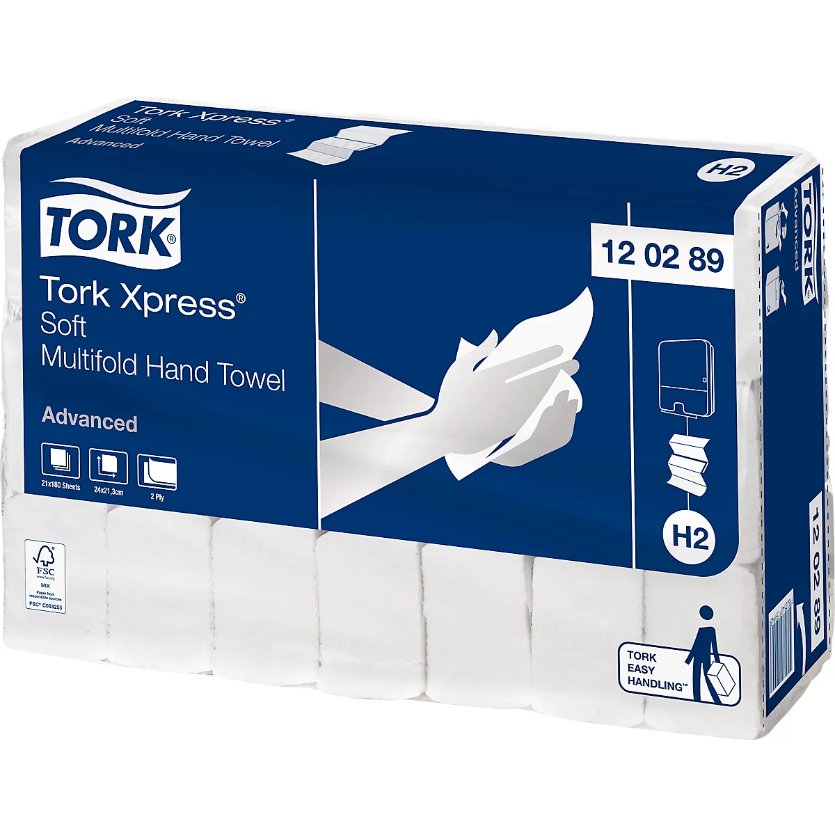 Tork® Essuie-mains Multifold Xpress 120389, 2 plis, système d'essuie-mains Multifold H2, L 260 x l 210 mm, 21 paquets de 180 (3780 essuie-mains), blanc
